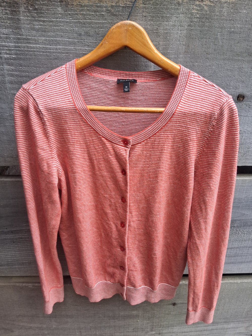 Talbots Womens Size M Coral and Cream Shimmer Micro-Striped Button Cardigan Fall